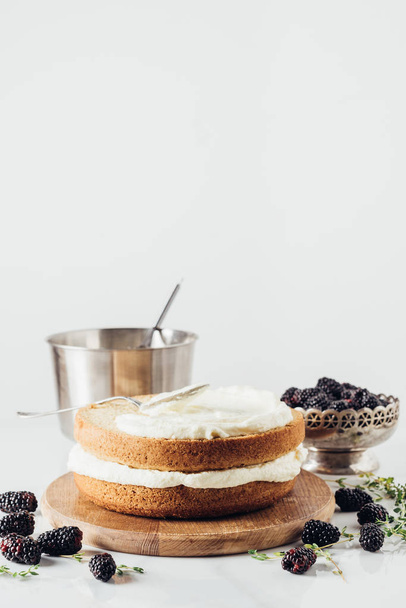 close-up shot of freshly baked cake with cream on wooden board durrounded with blackberries on white - 写真・画像
