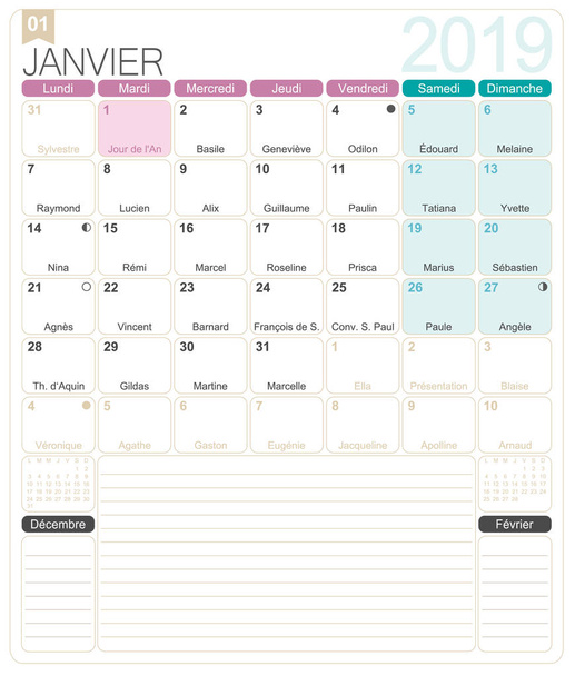 Γαλλικό ημερολόγιο 2019 περιλαμβανομένου του Ιανουαρίου 2019, γαλλική εκτυπώσιμη πρότυπο μηνιαίο ημερολόγιο, Εορτολόγιο, σεληνιακές φάσεις και επίσημες αργίες. - Διάνυσμα, εικόνα