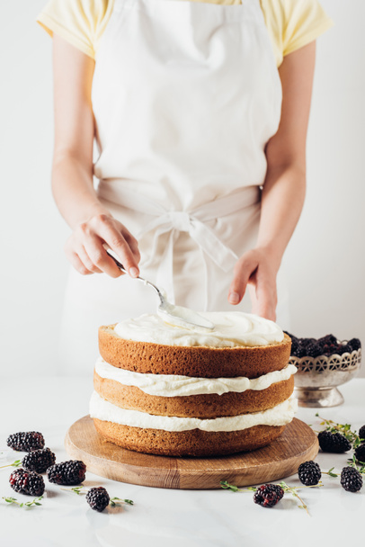 cropped shot of woman applying cream onto freshly baked cake on white - Foto, Imagen