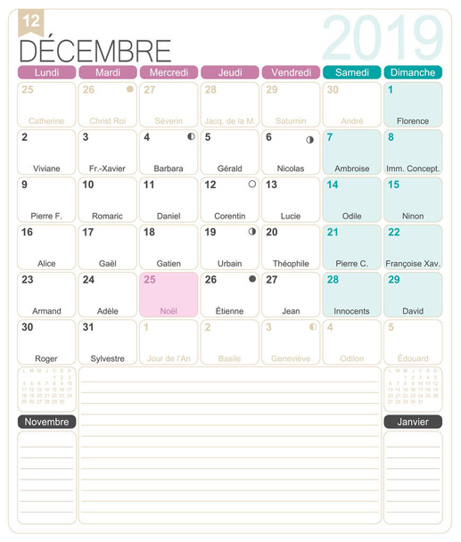 Francouzský kalendář 2019 / prosinec 2019, francouzský měsíčního kalendáře šablony pro tisk, včetně Jmeniny, měsíční fáze a státem uznané svátky. - Vektor, obrázek