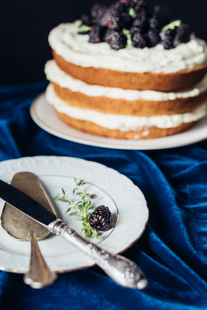 freshly baked blackberry cake with plate, knife and cake server o blue cloth - 写真・画像
