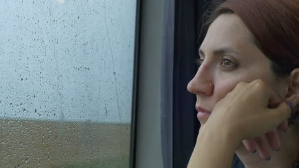 Mulher viajando de trem em dia chuvoso e olhando para o landsapes ao ar livre
. - Filmagem, Vídeo