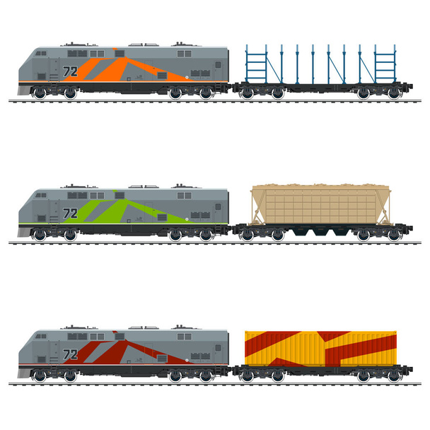 A rakomány konténer, a Hopper autó és egy üres Platform a tömeges vagy hosszú rakományok szállítása és a faanyag szállítás, vektoros illusztráció mozdony - Vektor, kép