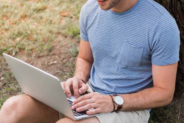 cropped image of man sitting near tree in park and using laptop - Фото, зображення