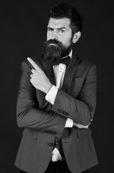 Business and vintage style concept. Manager or speaker with stylish beard and moustache. - Foto, Imagem