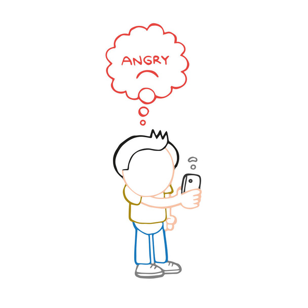 Векторная рисованная карикатура на человека, стоящего с смартфоном в руках и разгневанным мыслепузырем для плохого сигнала Wi-Fi
. - Вектор,изображение