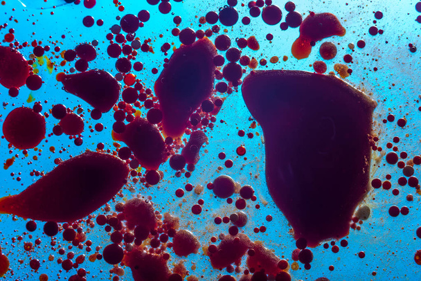 rote Blasen von Blutzellen auf blauem Hintergrund in Großaufnahme. Abstraktion von Medizin und Wissenschaft. das Konzept der Mikroprozesse und Krankheiten im menschlichen Körper - Foto, Bild