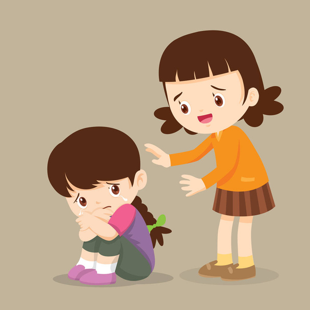Cute Girl Comforting Her Crying Friend.Children Consoling cry isolate background.Girl feeling guilty. - Vector, Image