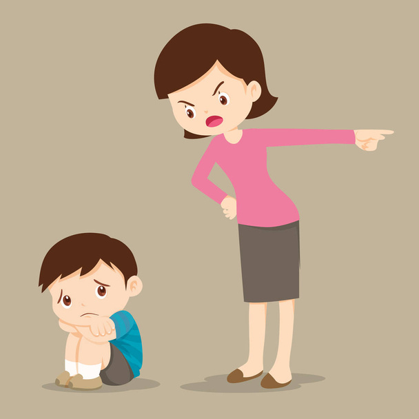 mother is scolding her son and the boy cry so sad. boy feeling guilty - Vector, Image