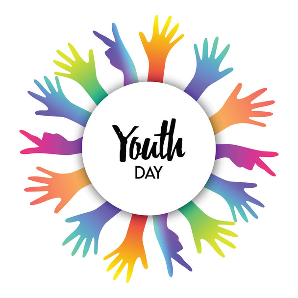 Happy Youth Day greeting card of diverse color hands and text quote. Colorful young people group concept. EPS10 vector - Vector, Image