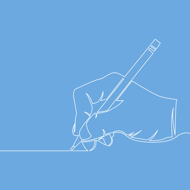 kontinuierliche eine Linie Zeichnung Handfläche Finger Gesten Stift, Bleistift Vektor Illustration isoliert auf blauem Hintergrund. - Vektor, Bild