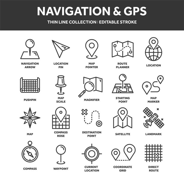 Karte und Navigation. GPS-Koordinaten. Ortssymbole. Linienkunst. - Vektor, Bild