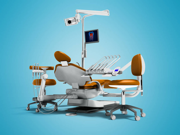 Modern orange dental chair and borax with backlight and monitor for work on 3d render on blue background with shadow - Photo, Image