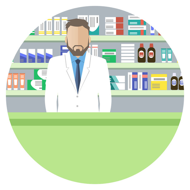 Wikipédii lékárník. Lidé ikona. Mladý muž v lékárně: stojící před regály s léky. Vektorové ilustrace - Vektor, obrázek