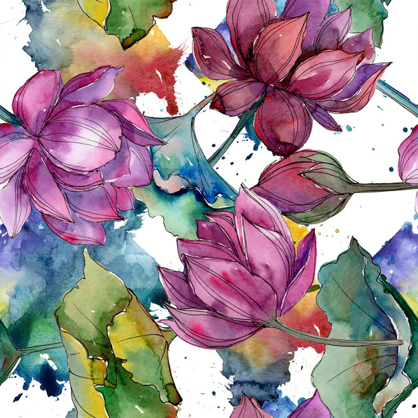 Pink lotus flower. Floral botanical flower.Seamless background pattern. Fabric wallpaper print texture. Aquarelle wildflower for background, texture, wrapper pattern, frame or border. - Fotó, kép
