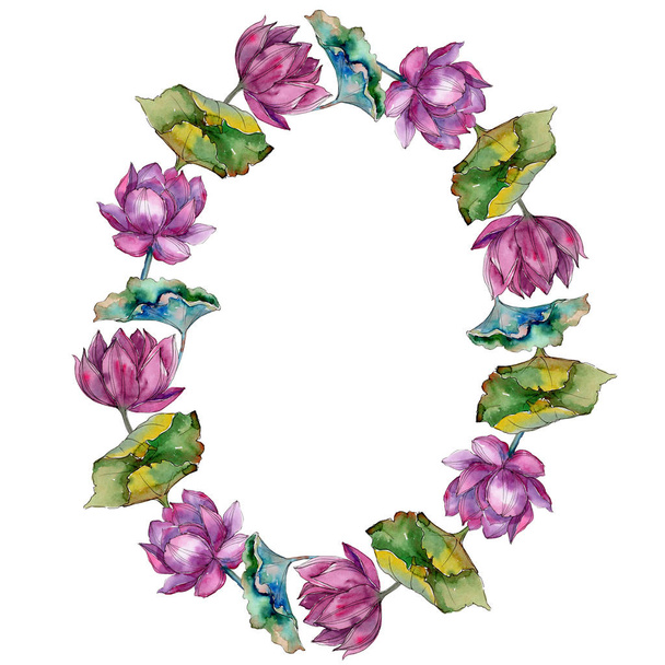 Pink lotus flower. Floral botanical flower. Frame border ornament square. Aquarelle wildflower for background, texture, wrapper pattern, frame or border. - Φωτογραφία, εικόνα