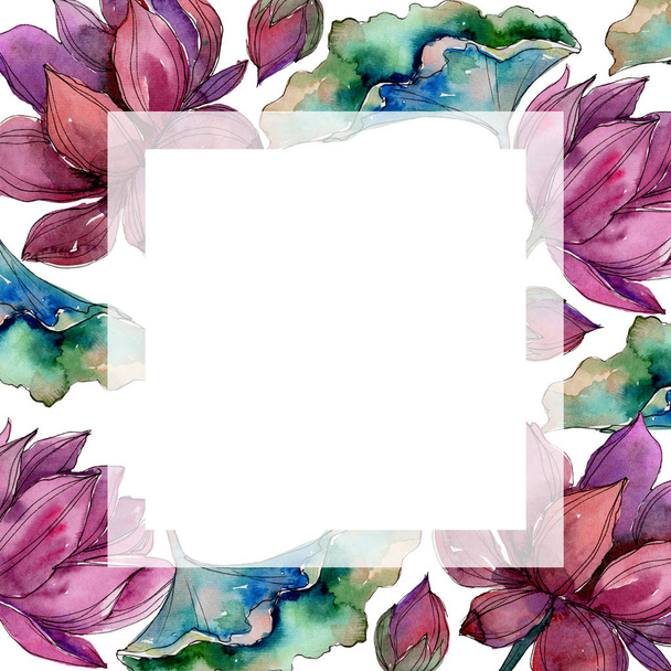 Pink lotus flower. Floral botanical flower. Frame border ornament square. Aquarelle wildflower for background, texture, wrapper pattern, frame or border. - Фото, изображение