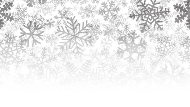 Christmas background of many layers of snowflakes of different shapes, sizes and transparency. Gradient from black to white - Vector, Image