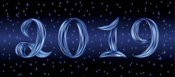 Números de flujo de color de Año Nuevo 2019 para tarjetas de felicitación con símbolos azules y plateados fríos en el fondo del cielo nocturno con estrellas. Ilustración vectorial para diseño web o de impresión
. - Vector, Imagen