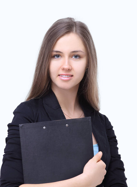 Geschäftsfrau liest eine Geschäftsdokument.isoliert auf weißem Hintergrund - Foto, Bild