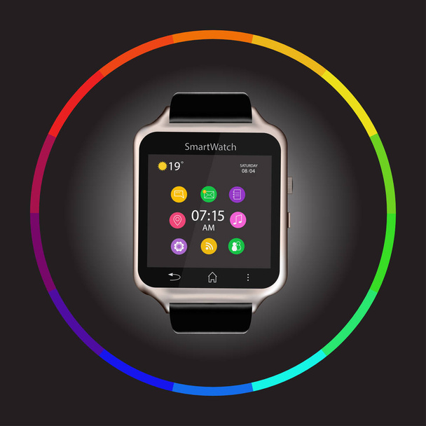 Smart Watch device display with app icons. Isolated on dark background. - Διάνυσμα, εικόνα