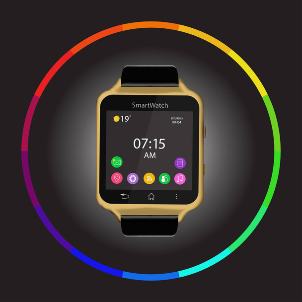 Smart Watch device display with app icons. Isolated on dark background. - Vecteur, image