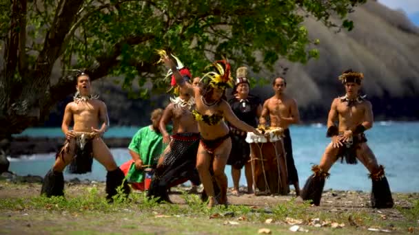 Samec a samice nativní Marquesan lidí provádějících tradiční ptačí tanec na pláži nosí tradiční oděv Nuku Miloslav Markézy jižního Pacifiku - Záběry, video