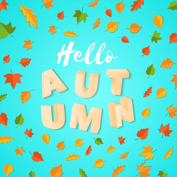 紙のカット スタイルに青色の背景に緑黄赤の単語秋組成を残します。秋の葉 3 d 現実的な文字デザイン ポスター、バナー、チラシ印刷 t シャツ。ベクトル イラスト カード - ベクター画像