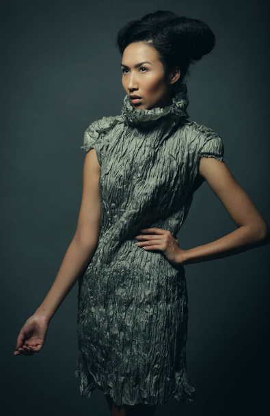 studio portrait of beautiful woman in grey dress with fashion hairstyle. Fashion and beauty concept. - Zdjęcie, obraz