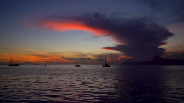 Vista Polinesia Francesa de yates anclados al atardecer Isla tropical paradisíaca Moorea desde Tahití Océano Pacífico Sur
 - Imágenes, Vídeo