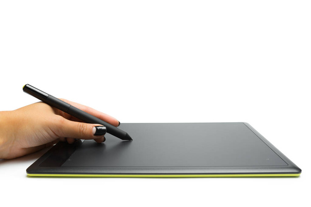 Graphic tablet with pen and hand for illustrators and designers, isolated on white background - Foto, Imagem