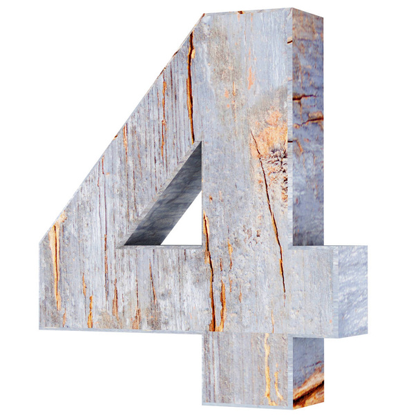 Decorative wooden alphabet digit four symbol - 4. 3d rendering illustration. Isolated on white background - Foto, Imagen
