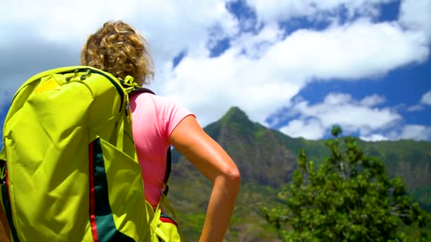 Жіночий мандрівного, насолоджуючись віддаленого мальовничий краєвид Atuona гори пишні зелені вологих тропічних лісів дистанційного вулканічних острів раєм Південь Тихого Hiva Oa Маркізькі - Кадри, відео