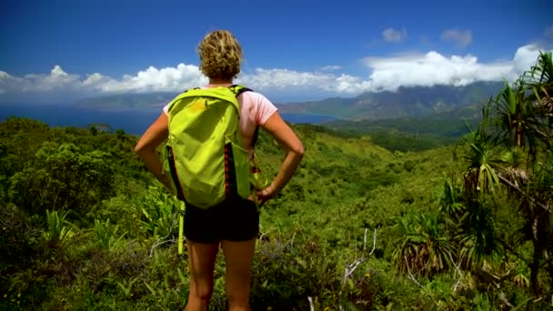 Naispatikoija etsii yli kaukaisen luonnonkaunis rannikko Nahoe vuoret vihreä trooppinen sademetsä kaukainen tuliperäinen saari paratiisi Etelä-Tyynenmeren Hiva Oa Marquesas
 - Materiaali, video