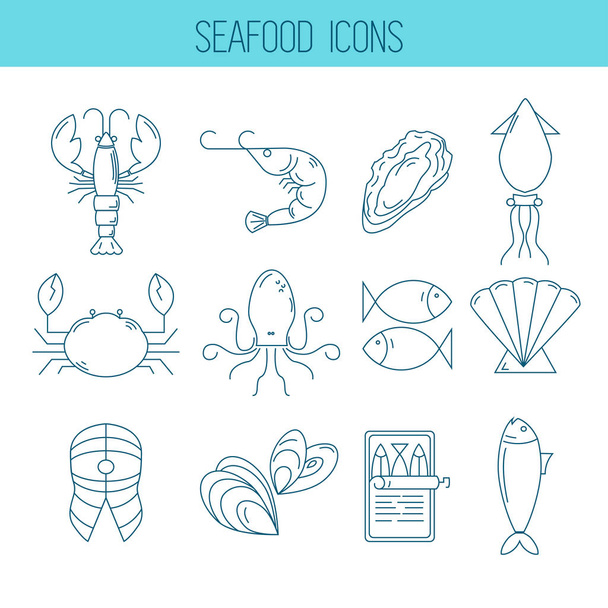 Set of sea food icons in thin line style - Vector, afbeelding