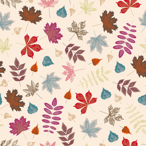 Colorful autumn leaves seamless pattern in flat style - Vector, Imagen