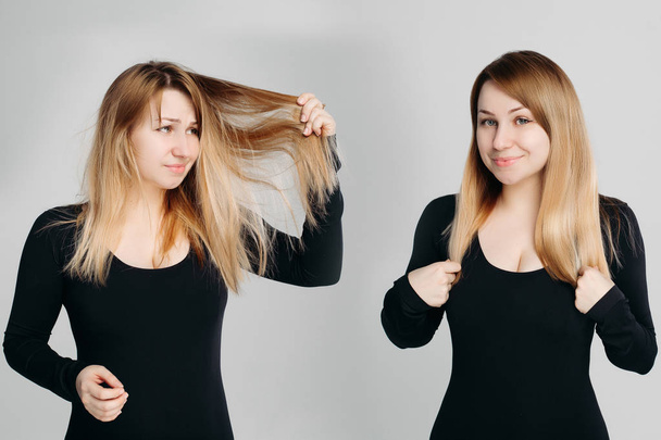 Колаж блондинки з волоссям після і перед салоном краси
. - Фото, зображення