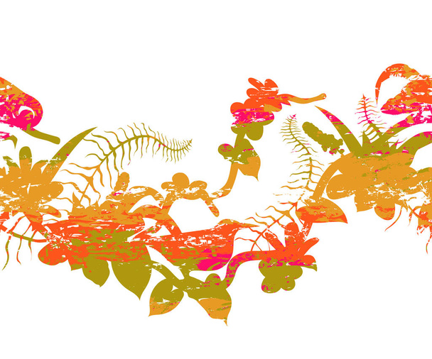 Безшовна межа з тропічними птахами, хамелеоном, рослинами та квітами. Барвисті гранжеві силуети зі сплесками в акварельному стилі. Екзотична флора і фауна. Векторні ілюстрації
 - Вектор, зображення
