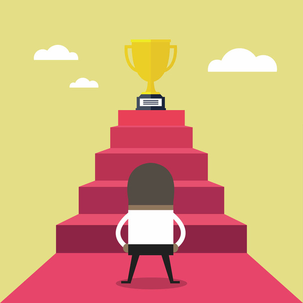 African businessman standing in front of stair that leads the trophy, Shortcut to success. - Vector, Image
