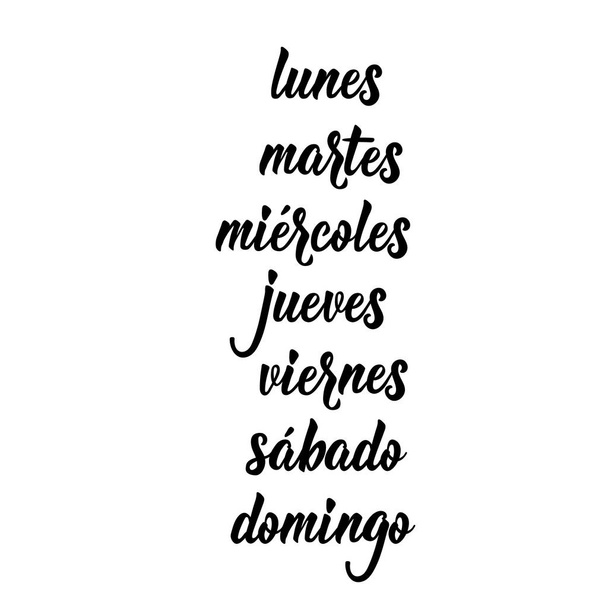 text in Spanish: Monday, Tuesday, Wednesday, Thursday, Friday, Saturday, Sunday. Lettering calligraphy vector illustration Modern calligraphy. Lunes martes miercoles jueves viernes sabado domingo - Vector, Image