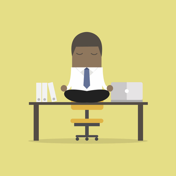 African businessman meditation in office. yoga at job. young man relaxing in lotus position on table with computer at work. - Vector, Image