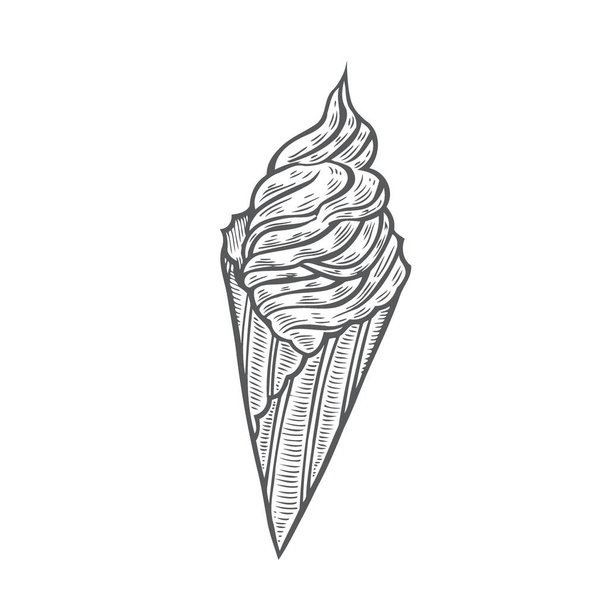 Ice cream in waffle cone, hand drawn vector vintage illustration, sketch style. - Vector, Image