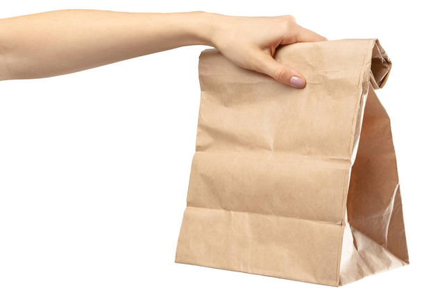 Shopping Bag. Female hand holding shopping bag on white - Fotó, kép