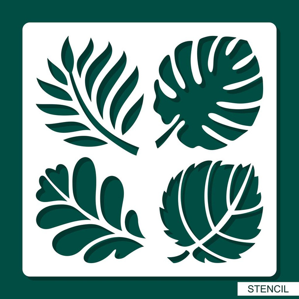 Stencil. Floral theme. Silhouettes of tropical palm leaves, monstera, jungle leaves, leaves maple, oak, aspen. Template for laser cutting, wood carving, paper cut and printing. Vector illustration. - Vector, Image