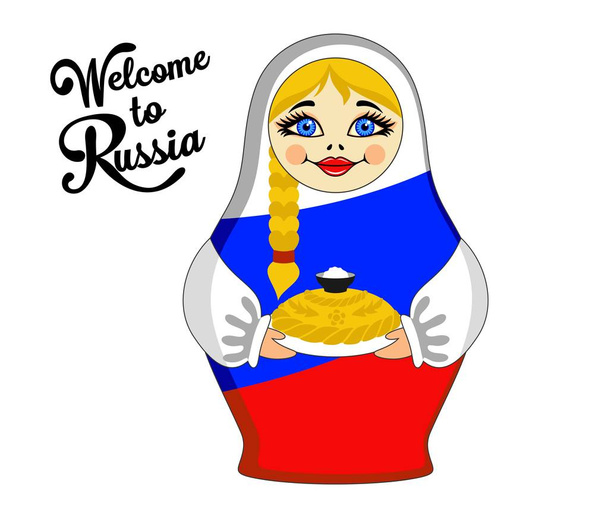 Bambola nidificante con pane e sale. Iscrizione Benvenuti in Russia. Giocattolo tradizionale russo. Babushka o matryoshka. Simbolo per biglietti o inviti. Colori della bandiera russa - rosso, azzurro, bianco. Vettore
 - Vettoriali, immagini