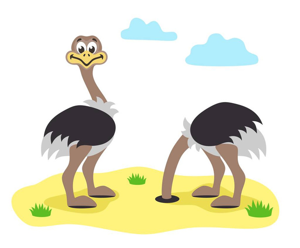 Dvě kreslené ostrichs v plochý. Jeden z nich schoval hlavu do písku. Vektorové ilustrace.  - Vektor, obrázek