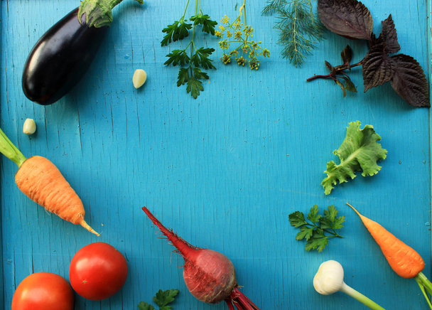 Vegetariánské organické potraviny - čerstvé letní a podzimní zeleninou. Pohled shora. Kopírovat prostor - Fotografie, Obrázek