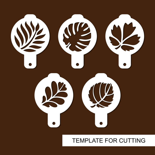 Set of coffee stencils. For drawing picture on cappuccino, macchiato and latte. Floral theme. Silhouettes of tropical palm leaves, manstera, jungle leaves,  leaves maple, oak, aspen. Vector. - Vector, Image