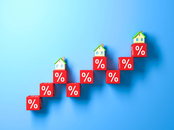 Miniatuur huis en Red Abstract Percentage blokken. 3D illustratie. - Foto, afbeelding