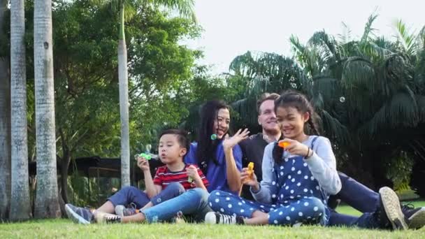 公園で家族の吹く泡。白人男性、中国人女性とその子供との混合人種家族。公園の芝生に一緒に座って楽しみながら. - 映像、動画